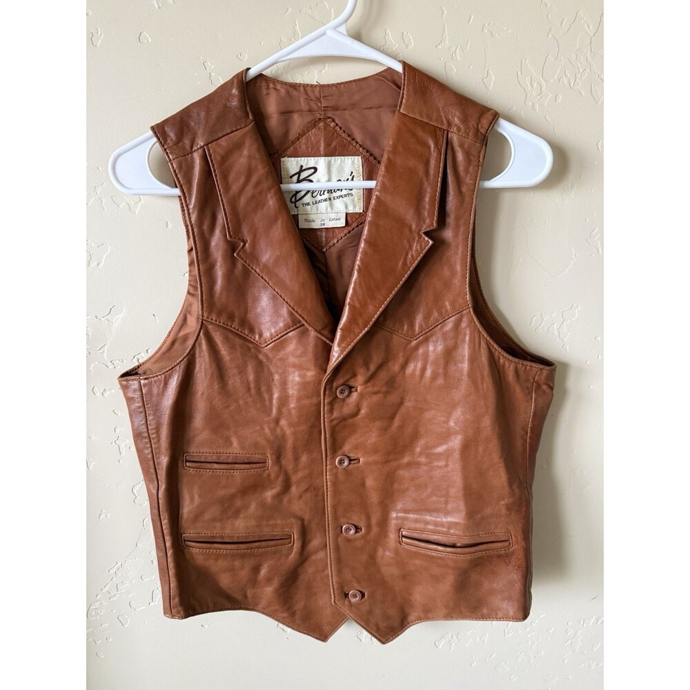 Bermans Men's Leather Cowboy Vest Size 38 Brown Button